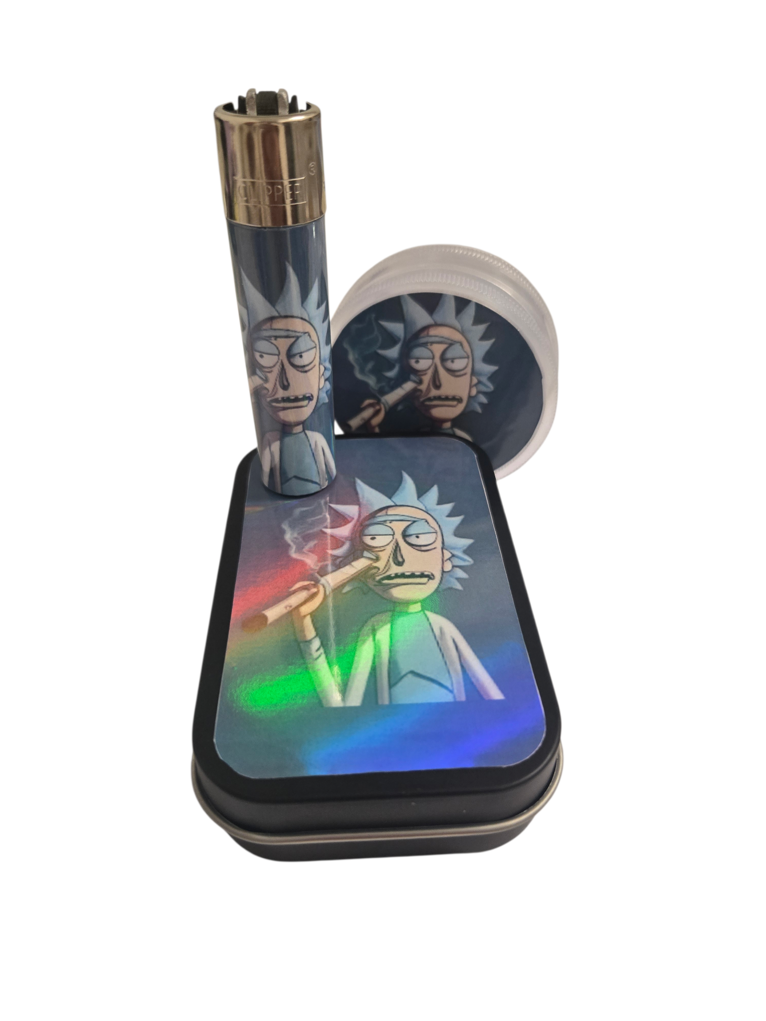 Gift set 3 piece personalised Clipper lighter, tobacco tin and Grinder